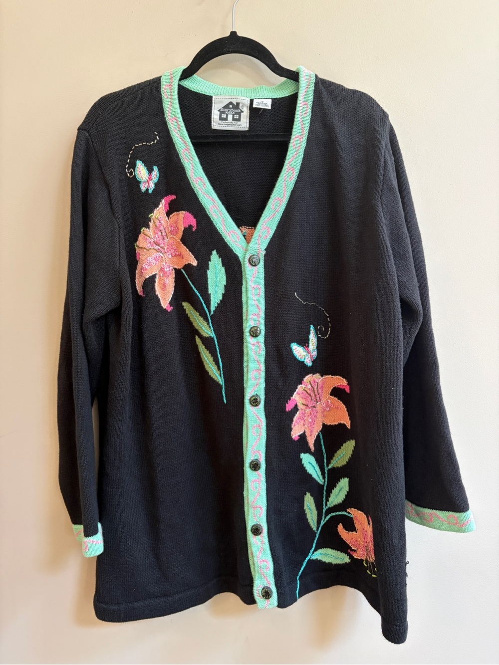Storybook Knits Vintage 1990s Lily Habitat Floral Butterfly Embroidered Sweater
